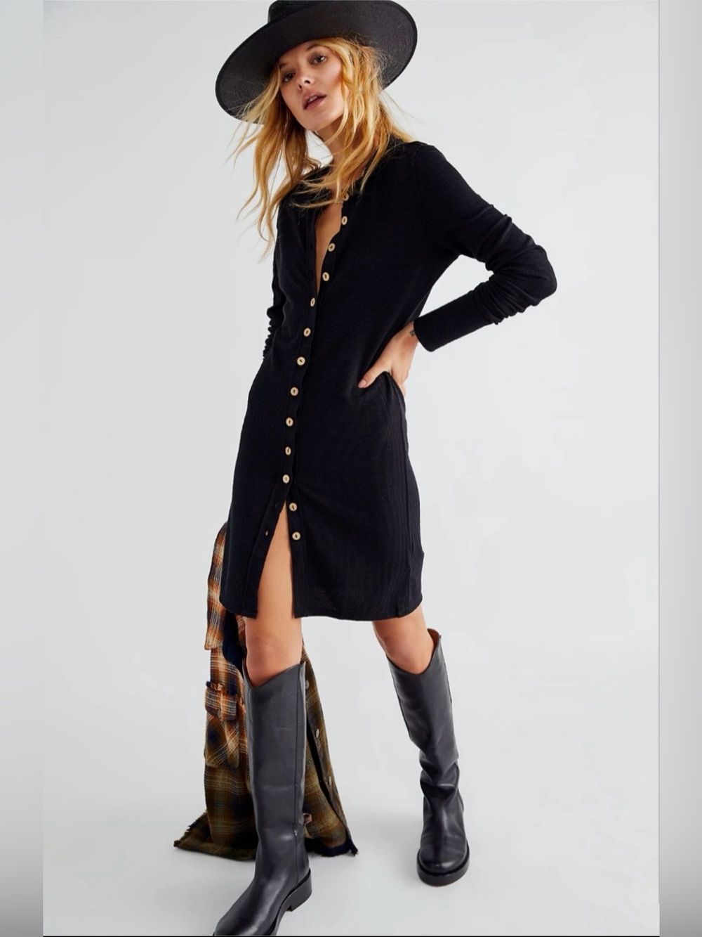 We the Free Gia Cardi Ribbed Button Up Cardigan Dress Sz S Black Simple Boho